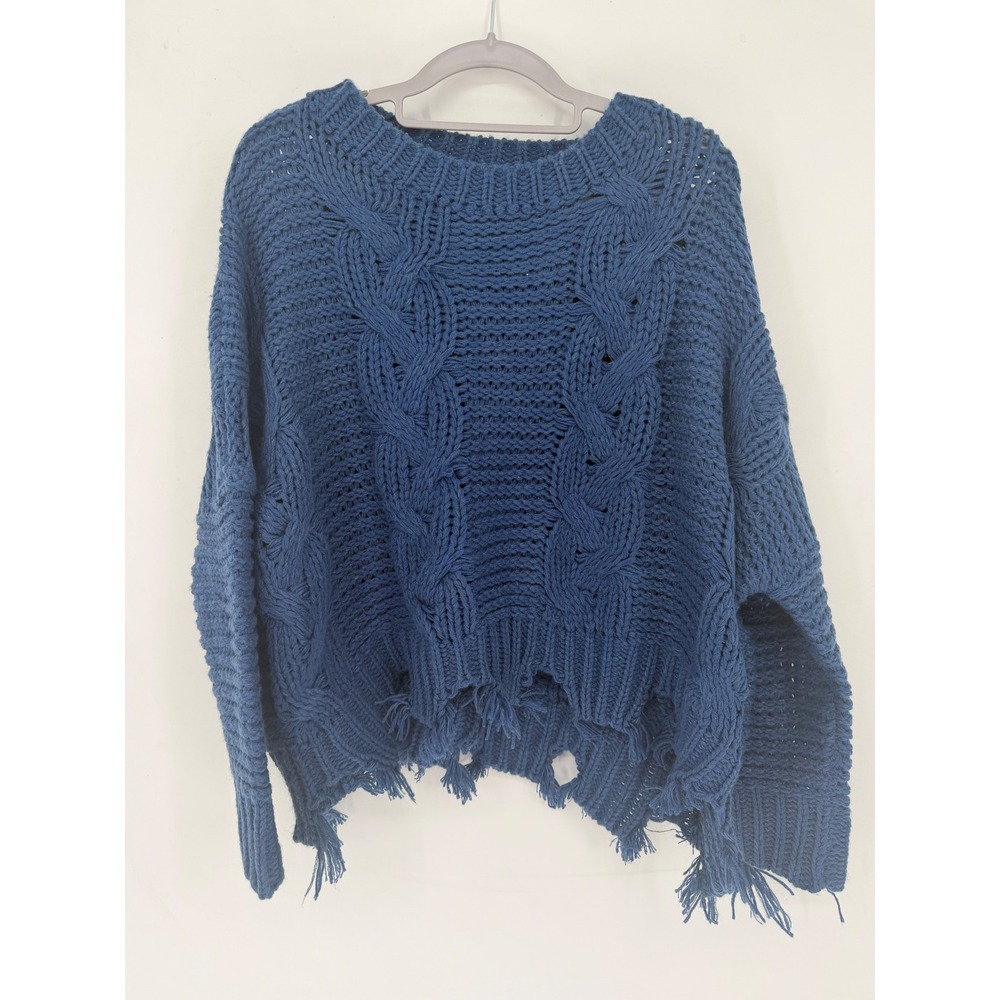 She + Sky Sweater Women One Size Blue Excellent Distressed Cable Knit Frayed Hem